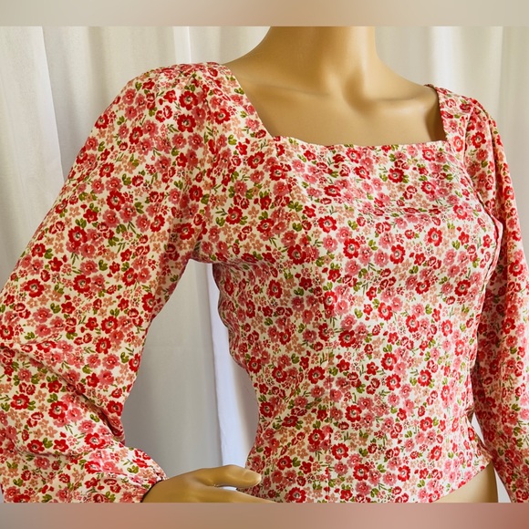 Anthropologie Lush Floral Square Neck Long Sleeve Blouse Cutout Shirred … - Picture 3 of 13